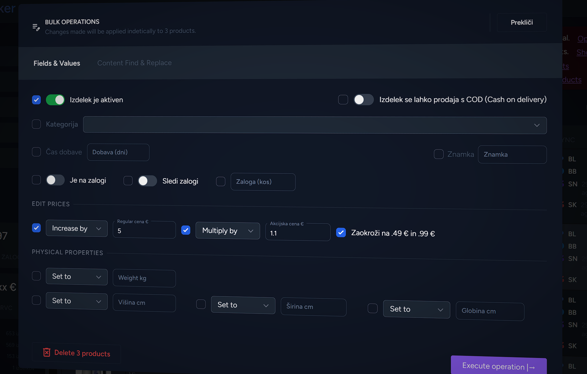 Masovno urejanje izdelkov